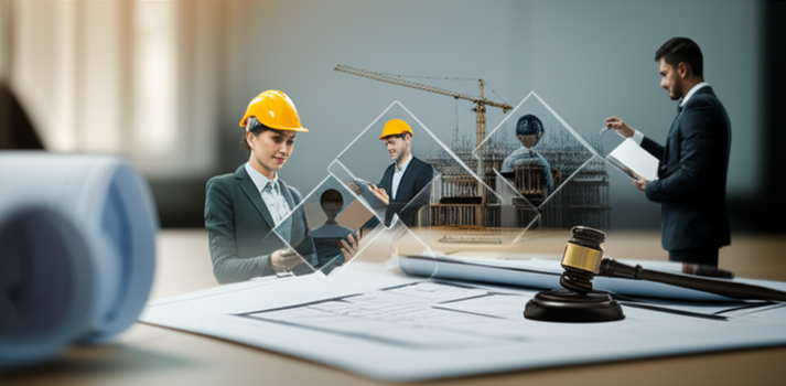Illustration depicting key professionals involved in building and owning a Bali villa, including legal counsel, notary, project manager, and property manager.