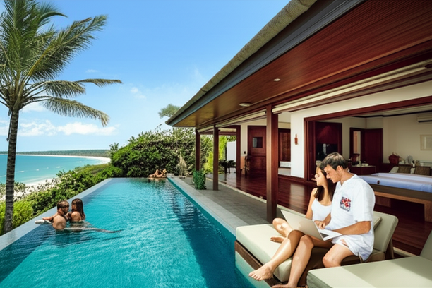 Luxurious Bali villa showcasing key determinants of profitability: location, design, amenities, target audience, and guest reviews.