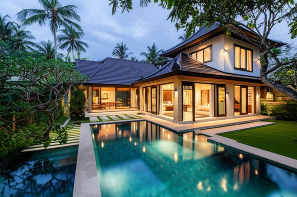 Architectural rendering of a modern villa renovation in Bali, showcasing a new extension and integration with Balinese design and tropical landscaping.