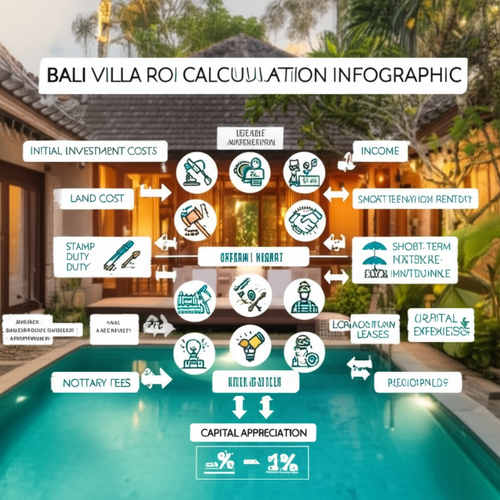 Infographic showing how to calculate return on investment (ROI) for a Bali villa, including initial investment costs, operational expenses, income streams, and capital appreciation.
