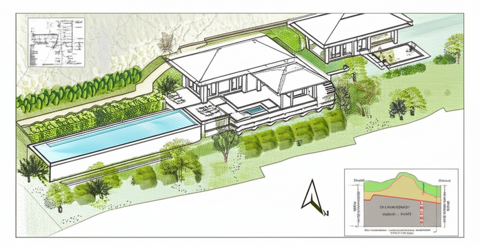 Architectural site plan of a Bali villa showing topography, building placement, and integration with the natural environment.