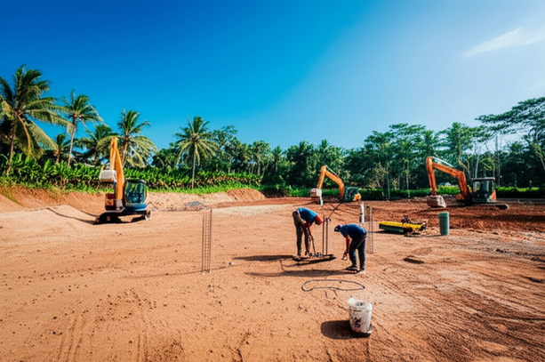 Construction site in Bali showing site clearing, land leveling, and soil testing for villa foundation.