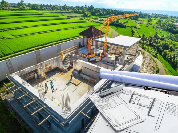 Aerial view of a Bali villa under construction amidst rice paddies, emphasizing site selection considerations and legal aspects.