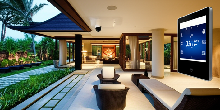 Luxurious Bali villa showcasing smart home technology including automated lighting, climate control, and security systems.
