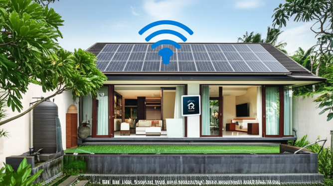 Illustration of a modern Bali villa integrating smart home technology, solar panels, and a rainwater harvesting system, showcasing sustainable living in a luxurious setting.