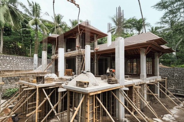 Illustration of the structural construction of a Balinese villa, highlighting reinforced concrete, local hardwoods, and seismic considerations.