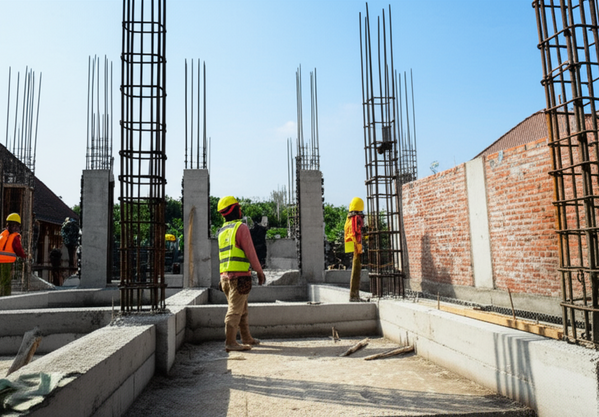 Construction workers meticulously building the reinforced concrete foundation, columns, and beams for a luxury villa in Bali, illustrating the structural integrity and blend of modern engineering with tropical aesthetics.