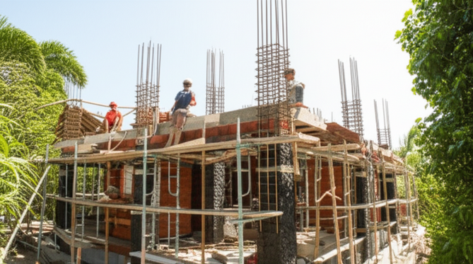 Illustration of a Bali villa under construction, showcasing the reinforced concrete frame and brick walls, highlighting earthquake-resistant design features.
