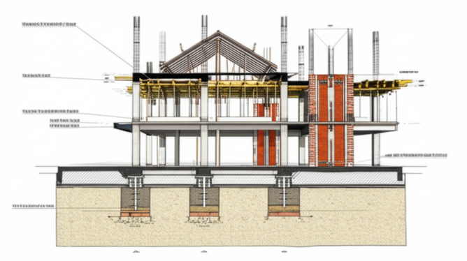 Cross-section illustration of a Bali villa's structural integrity, showcasing deep foundations, reinforced concrete, infill walls, expansion joints, and waterproofing for earthquake resistance and tropical climate resilience.