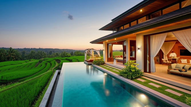 Luxurious Bali villa with an infinity pool overlooking lush rice paddies at sunset, showcasing the beauty and amenities of a high-end rental property.