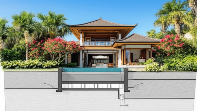 Architectural rendering of a Balinese villa, showcasing sustainable design and earthquake-resistant features, highlighting the importance of local expertise in construction.