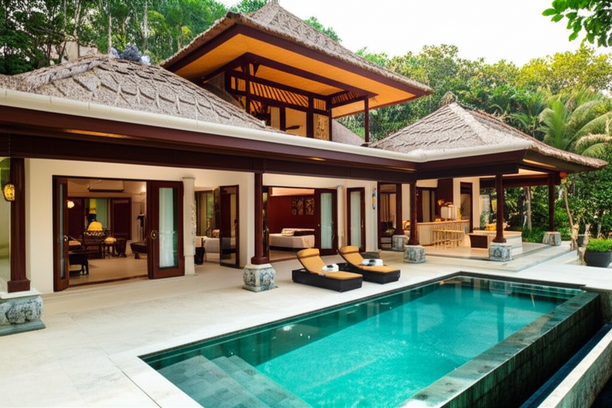 Illustration of a luxurious Bali villa, showcasing the fusion of Balinese architecture and modern design.