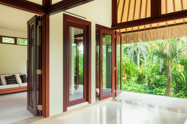 A Bali villa showcasing various window designs and their integration with the natural surroundings.