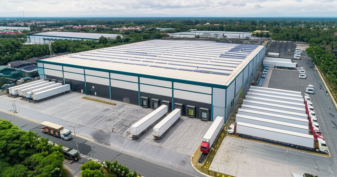 Modern warehouse and distribution center in Bali, showcasing logistics efficiency and integration with the Balinese environment.