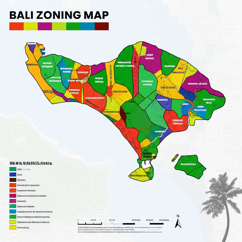 Bali zoning map showing different land use classifications, including residential, commercial, tourism, agricultural, greenbelt, and conservation zones.