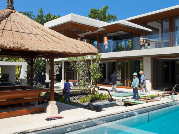 Illustration showing the fusion of Balinese traditional and modern architecture, showcasing a thatched-roof pavilion integrated with a modern villa.