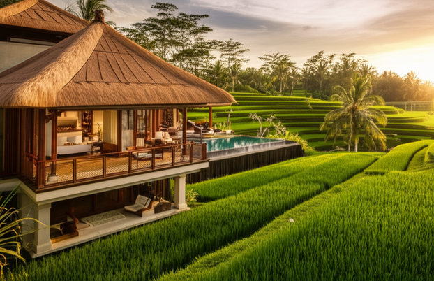 A modern villa in Bali integrating Balinese architectural elements, surrounded by rice paddies and the Subak irrigation system, illustrating the balance between modern development and cultural preservation.