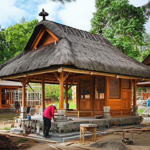 Illustration of traditional Balinese architecture with thatched roof, local hardwoods, and local stone, showcasing sustainable building practices in a tropical environment.