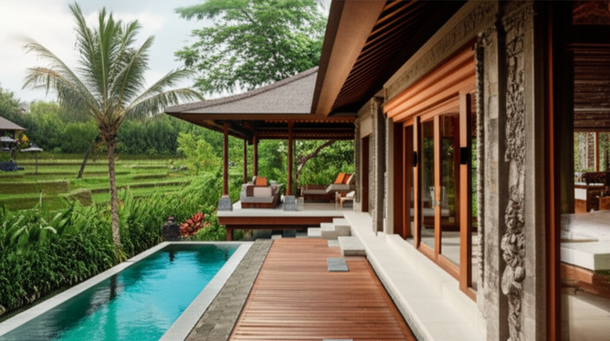 A modern building in Bali integrating traditional Balinese architecture and respecting the environment.