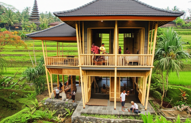 Illustration of a modern Balinese building integrating traditional elements, local artisans, and community engagement, reflecting the Tri Hita Karana philosophy.