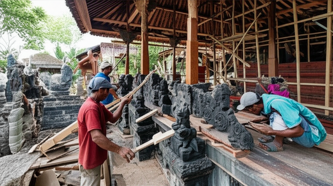 Balinese artisans working on a construction project, showcasing traditional craftsmanship and local materials.