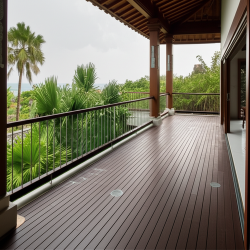 A stunning balcony in Bali, showcasing durable materials, integrated design, and beautiful tropical surroundings.