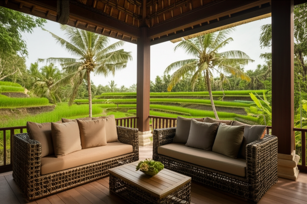 A beautifully designed balcony in Bali overlooking rice paddies, showcasing the seamless integration of indoor and outdoor living.