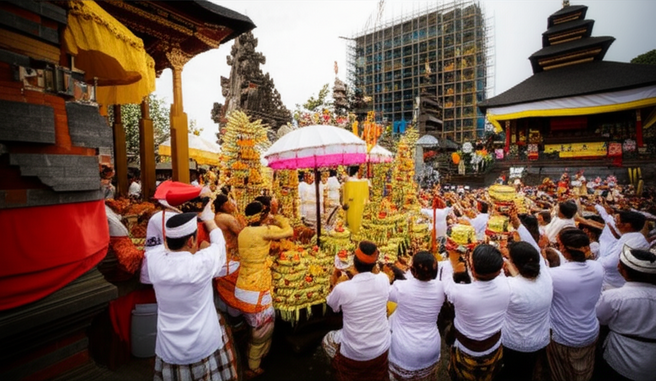 A Balinese ceremony (odalan) in progress, with a construction project subtly in the background, illustrating the importance of cultural sensitivity in Bali.