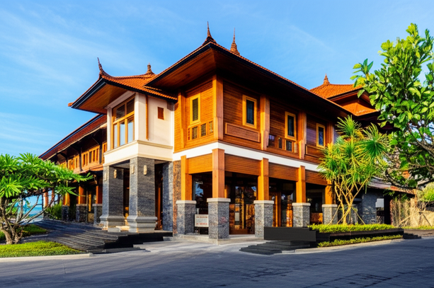 Modern commercial building in Bali incorporating traditional Balinese architecture