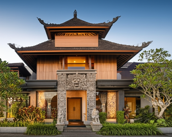 A modern commercial building in Bali, blending modern design with traditional Balinese architecture, showcasing respect for local regulations and cultural sensitivity.