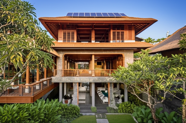 Modern Balinese commercial building showcasing sustainable design and integration of local culture.