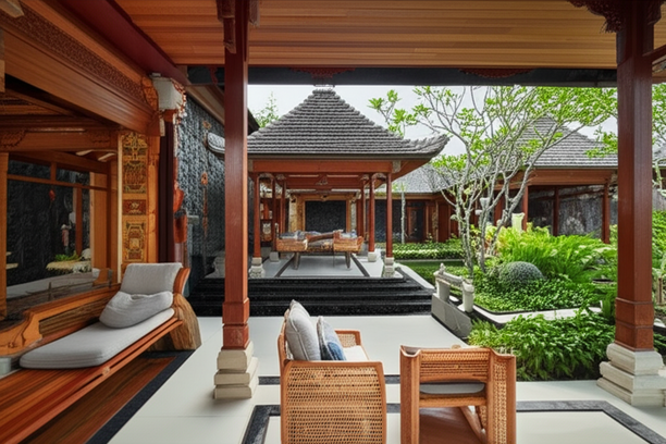 A modern commercial space in Bali, showcasing a seamless integration of contemporary design and Balinese cultural elements, with natural wood, volcanic stone, and open layouts.