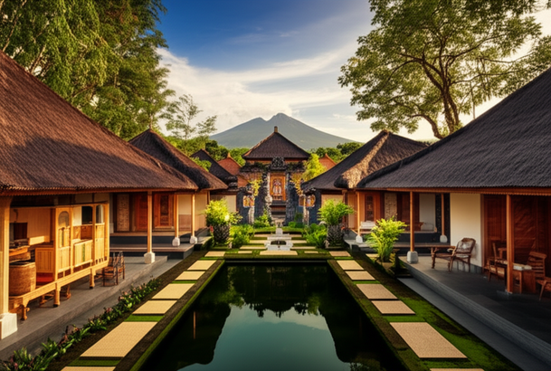 Illustration of a traditional Balinese compound, showcasing the Tri Hita Karana principles with distinct zones and elements.