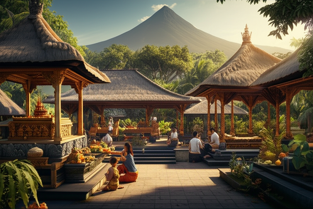 Illustration of a Balinese compound showcasing Tri Hita Karana principles: harmony with God, humans, and nature. Includes a family temple, living spaces, and views of Mount Agung.