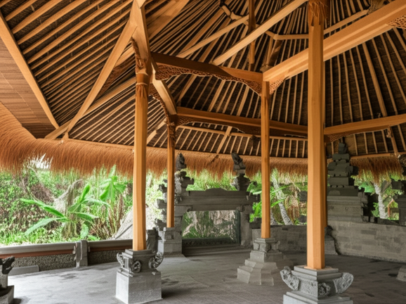 Illustration of Balinese construction materials, including natural stone, wood, and thatch, used in a villa under construction.