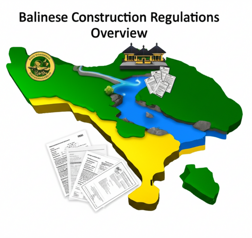 Illustration of Balinese construction regulations, showing permits, zoning, environmental impact assessments, and land ownership structures.