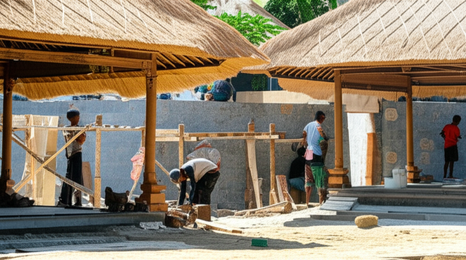 Construction site in Bali showcasing Balinese architecture and craftsmanship