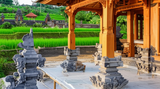 Construction site in Bali, showcasing a blend of modern and traditional architecture, representing the interplay between regulations and cultural sensitivity.