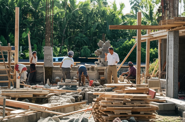 Construction project in Bali, showcasing efficient resource management and local workforce collaboration.