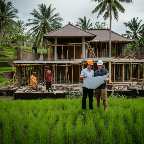 A modern villa under construction in Bali, showcasing the integration of local materials and architectural styles.