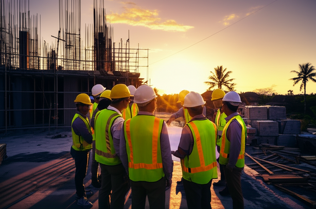 Construction site in Bali at sunrise. Workers and project manager having a morning briefing, highlighting the early start of the day and safety protocols.