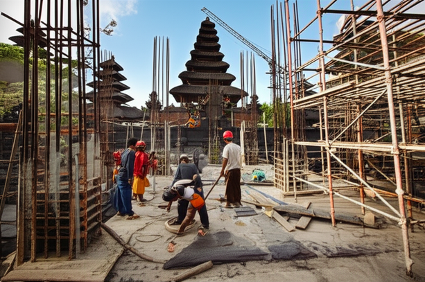 Illustration of a Balinese construction project, showcasing a harmonious blend of traditional architecture and modern building techniques, with local workers and architects collaborating.