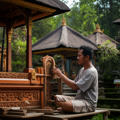 Illustration of a Balinese craftsman meticulously working on a traditional building, showcasing local craftsmanship and attention to detail.