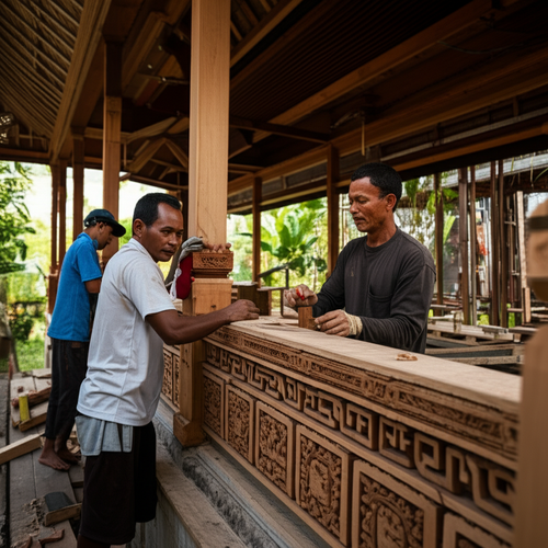 Local artisans in Bali working on intricate wood carvings for a building, showcasing Balinese craftsmanship and cultural integration.