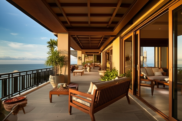 A beautiful Balinese balcony with ocean views, designed with natural materials and showcasing the harmony of indoor-outdoor living.