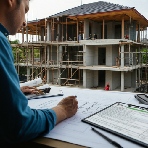 Illustration of the construction process of a Balinese dream home, including blueprints, construction workers, budget, and schedule.
