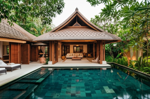 A luxurious Balinese villa with a thatched roof, open-air living spaces, and natural materials.