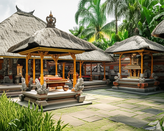 Illustration of a traditional Balinese family compound with a bale, kitchen, shrine, and sleeping quarters, demonstrating Asta Kosala Kosali principles.