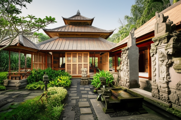 Illustration of a traditional Balinese home showcasing the Tri Hita Karana philosophy and architectural principles.