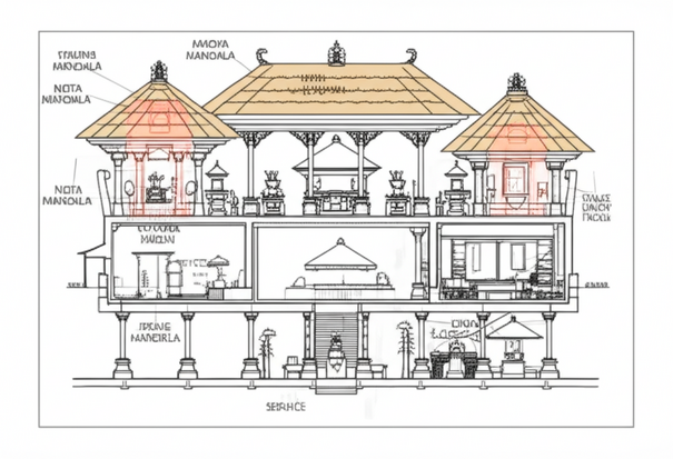 Illustration of a Balinese home design, showcasing the Tri Mandala and Sanga Mandala principles, with zones for service, living, and sacred spaces, and the nine-grid spatial organization.